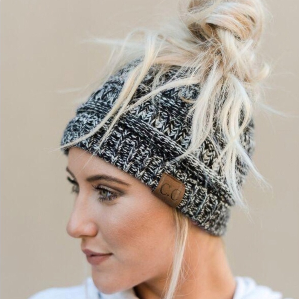Messy Bun BLACK Confetti Beanie Hat FREE SHIPPING